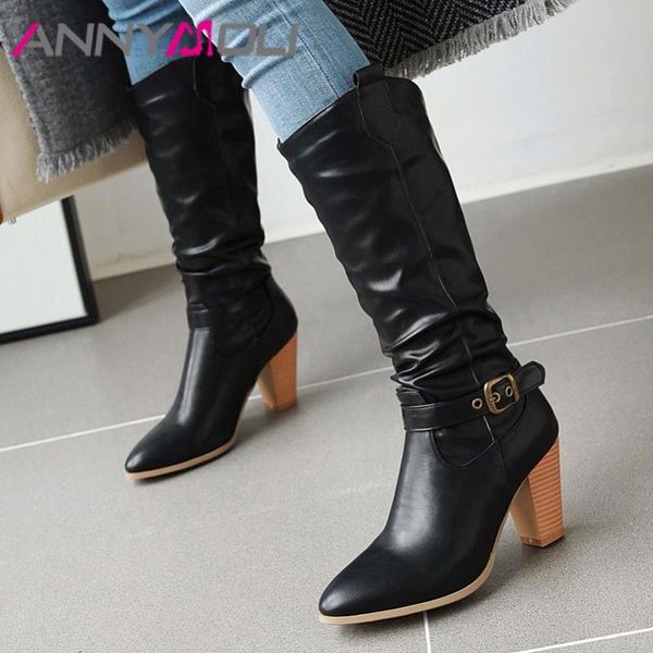 

annymoli women western boots shoes buckle high heel mid-calf boots pointed toe thick heels pleated ladies winter gray 46, Black