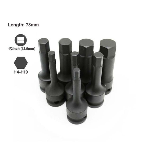 

1pcs 1/2" drive pneumatic hex driver socket inner hexagon head screwdriver bit h4 h5 h6 h7 h8 h10 h12 h14 h16 h18 h19 78mm long