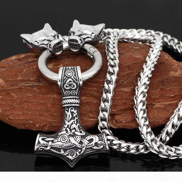 

мужчины из нержавеющей стали viking oidn голову волка с thor молоток mjolnir кулон ожерелье -дракон цепи, Silver