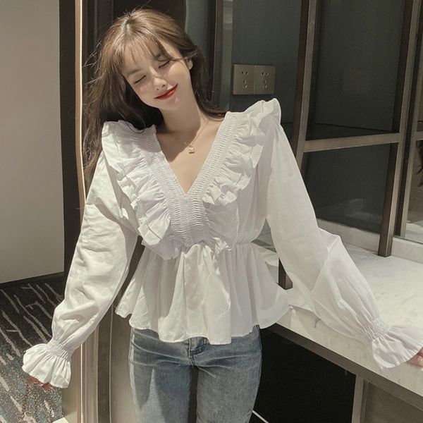 

women dressises 2020 new french wooden ear v-neck bell sleeve temperament waist slimming sweet all-match shirt women, White