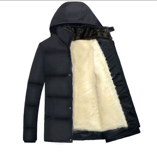 

men's super warm winter coats padded men fleece windbreakers jacket add wool hooded loose cotton detachable cap thicken parkas, Black
