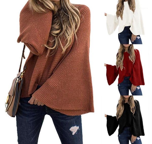 

new women knitting pullover autumn women sweater casual solid color o neck flare sleeve loose sweater, White;black
