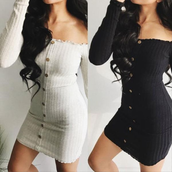 

new arrival winter spring straight casual dress women long sleeve off shoulder cocktail party club bodycon dress, Black;gray