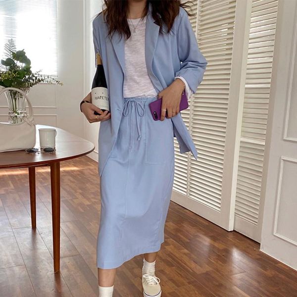 

chic casual women suits 2020 autumn suit jacket and skirt two-piece suit solid black and blue spring outwear pocket 2 pcs set, White