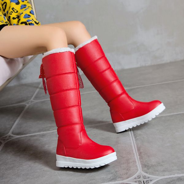 

2020 winter lace up snow boots pu leather warm fur knee high boots wedges med heel platform casual women shoes big size 34-43, Black