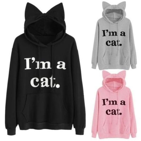 

womens cat long sleeve hoodie sweatshirt hooded pullover blouse christmas