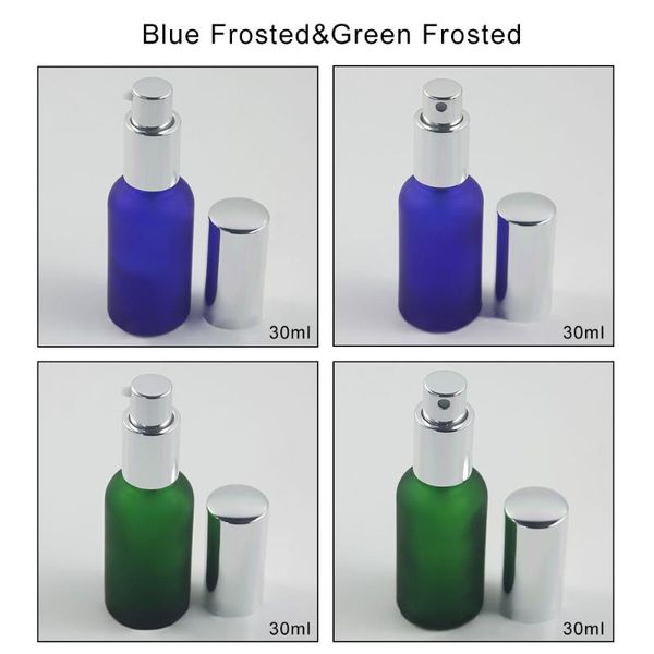 Frascos de armazenamento frascos 30ml Green Fosco / Azul Fosco Frosted Glass Glass Refilleable, 1oz Silver Spray e bomba de loção