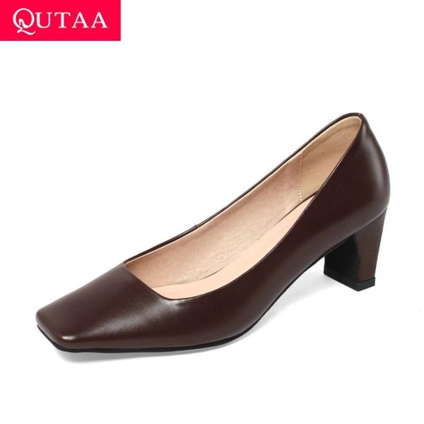 

qutaa 2021 retro square toe quality cow leather ladies pumps fashion square high heel slip on women single shoes size 34-39, Black