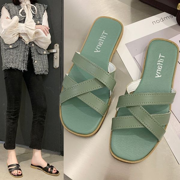 

sandals and slippers female summer 2020 cross open toe flat heel flat bottom outside sandals female woven literary square head, Black