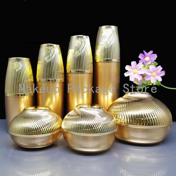 

storage bottles & jars 8pcs/lot 30/50/120g gold luxury packing acrylic eye/face cream jar pot 30/50/120ml cosmetics lotion emulsion press pu