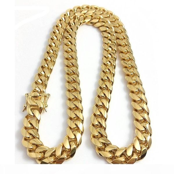 

stainless steel jewelry 18k gold plated high polished miami cuban link necklace men punk 14mm curb chain dragon-beard clasp 24" 26&quot, Silver