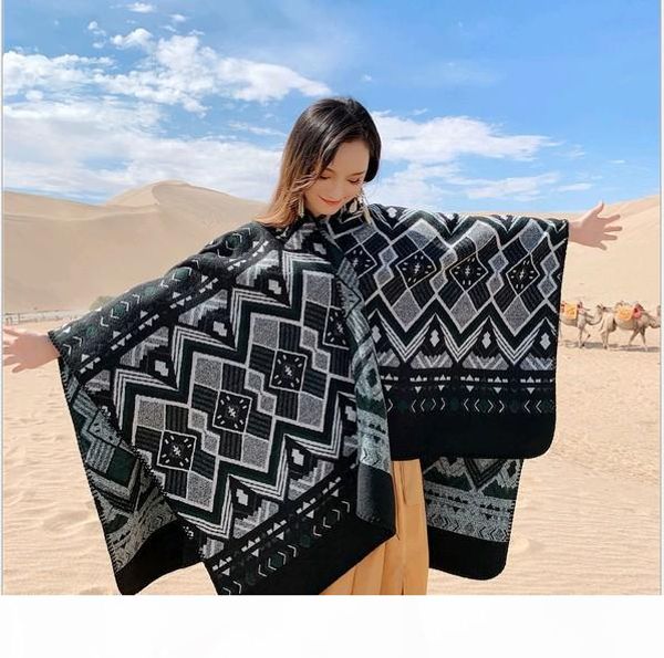 

new 2019 national wind shawl female cloak hooded thick warm travel scarf hooded cloak coat 155*130cm, Blue;gray