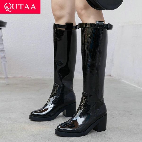 

qutaa 2020 cow leather fashion square heel quality knee high boots autumn winter round toe buckle zipper women shoes size 34-39, Black