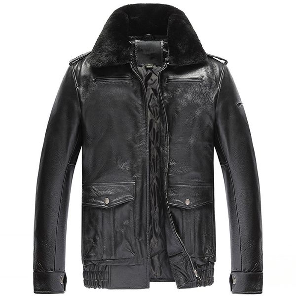 

genuine leather jacket men cow leather down cotton autumn winter warm thick flight jacket plus size coat 19-812 mf604, Black