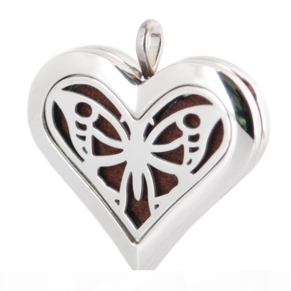 

heart big butterfly 36mm aromatherapy essential oil surgical stainless steel perfume diffuser locket necklace with chain and 10pcs felt pads, Silver