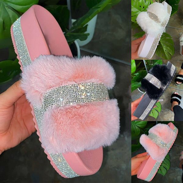 

plush slippers ladies thick bottom rhinestone plush shoes, Black