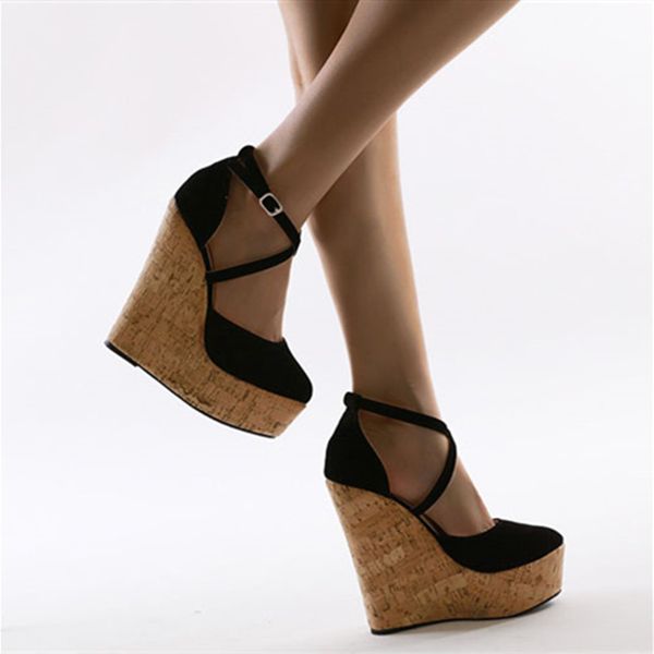 

shofoo shoes,beautiful and fashionable women's shoes, suede, about 14.5cm wedge heel women's shoes, round toe pumps.size:34 -45, Black