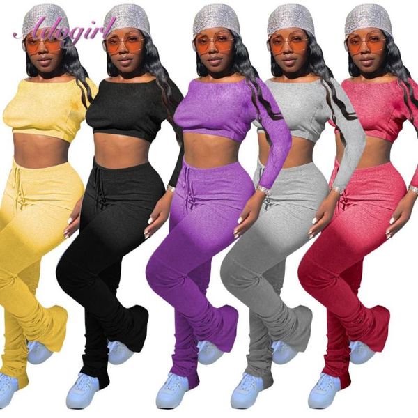 

women's tracksuits set autumn casual off shoulder long sleeve crop tee stacked flare pants suit joggers two piece outfit tracksuit, Gray
