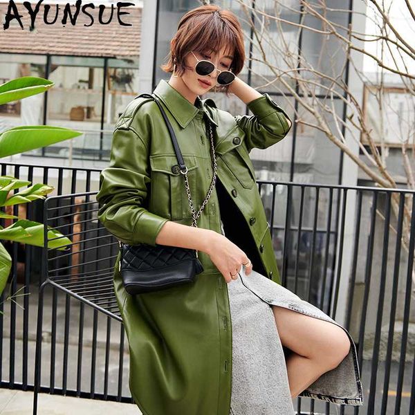

women's leather & faux ayunsue jacket autumn genuine women sheepskin coat female streetwear long trench chaqueta mujer, Black
