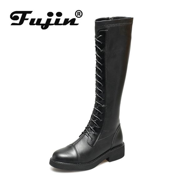 

fujin women's high boots 2020 winter autumn fashion flat bottom breathable causal round toe platform mid calf women boots, Black