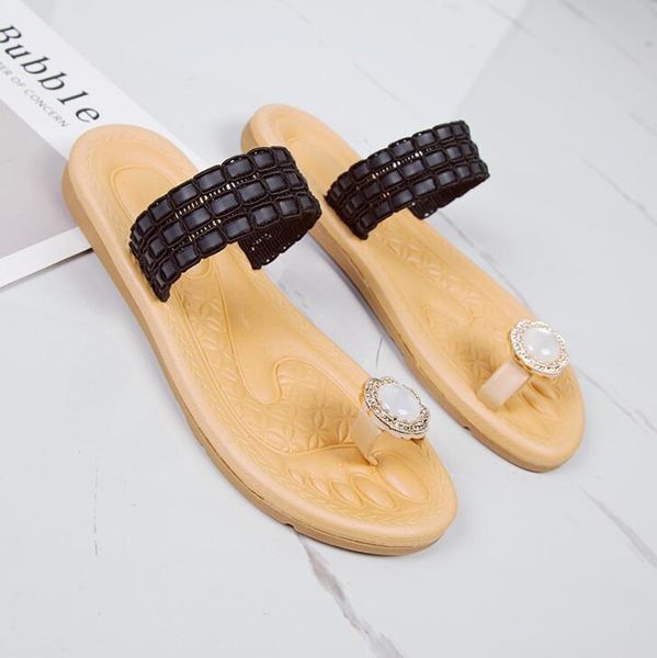 

2020 new women summer slippers fashion pearl weave women shoes flip flops casual beach ladies plus size shoes woman slippers, Black