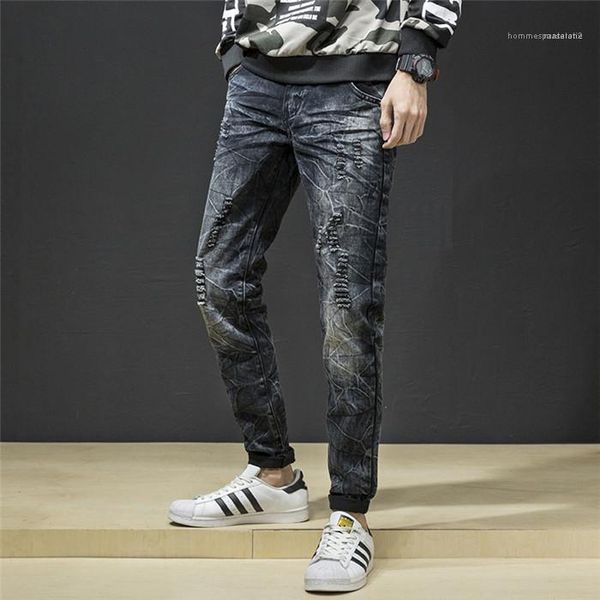 

slim fit jeans black distrressed mid waist pants male zipper fly trousers mens hole, Blue