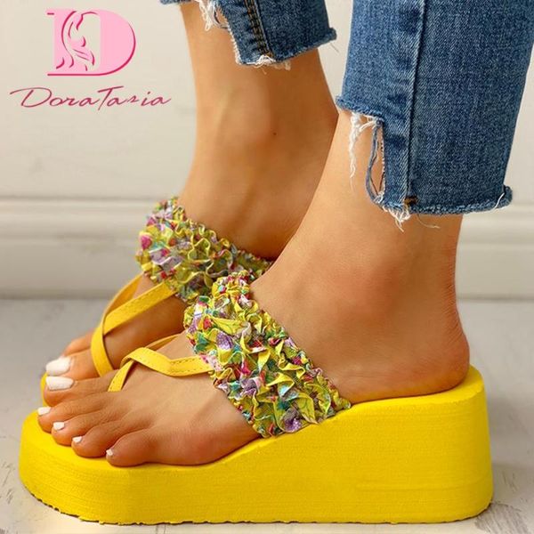 

doratasia 2020 new arrivals silk women slides med wedges platform ruffles summer outside women slippers, Black