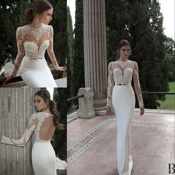 

vestido de noiva berta mermaid wedding dresses spring summer high neck long sleeve sheer lace backless bridal gowns, White