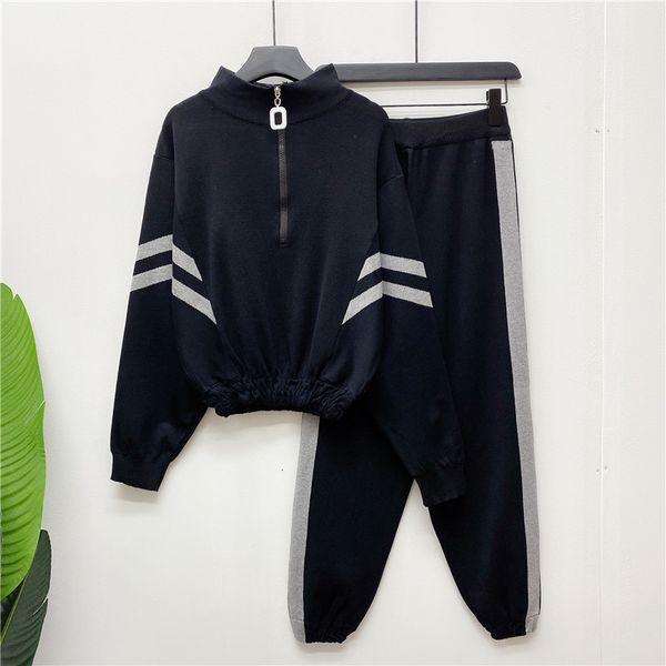 

2020 autumn winter knitted tracksuit women wide legs pants suit zipper long sleeve pullovers sweater elastic pants, Gray