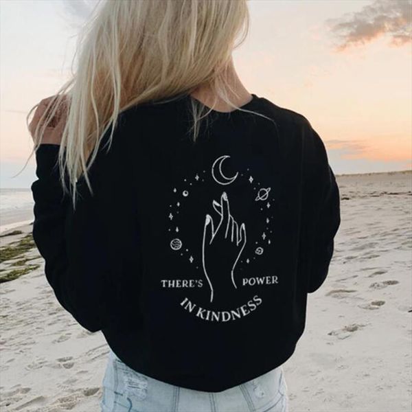 

толстовка женщины theres power in kindness назад печать с длинным рукавом эстетическая hoodie o шеи одежда streetwear стиль drop кораблей, Black