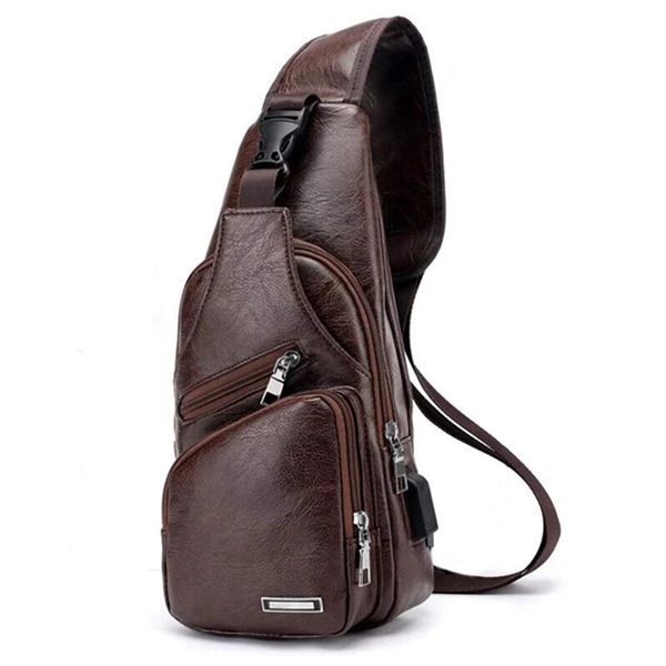 

men's chest bag with charge port usb bag retro crossbody pu leather vintage business bagpack pouch for sport dark brown
