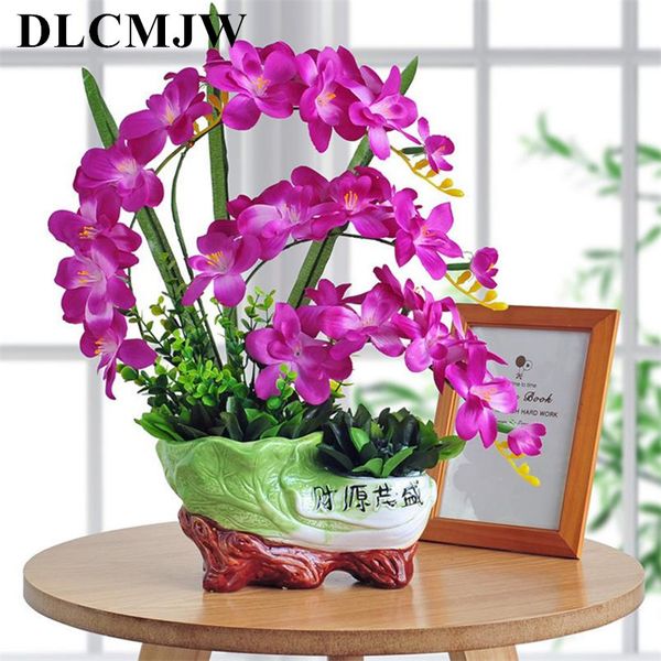 

artificial butterfly orchid potted plants silk decorative flower with resin cabbage pots for home balcony decoration vase set