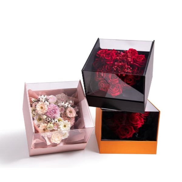 

gift wrap 2pcs flower box acrylic panoramic square valentine's day packing rose pink wedding engagement bride christmas