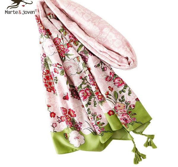 

marte&joven elegant red flower print pink long scarf for women spring autumn sunscreen shawls tippet ladies beautiful warm hijab, Blue;gray