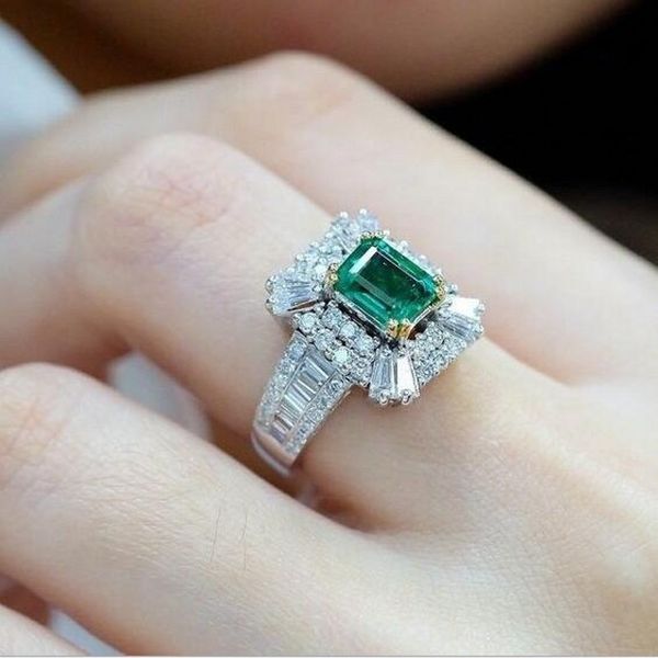 

2019 new arrival selling luxury jewelry 925 sterling silver princess cut emerald gemstones party women wedding bridal ring for lover, Slivery;golden