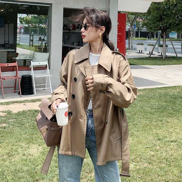

classic korean style lady short trench coat for women double-breasted duster coat dark khaki female outerwear spring autumn, Tan;black
