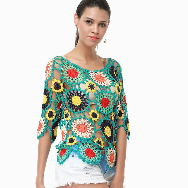 

h80&s90 new 2020 women handmade crochet hollow out hook floral ladies' beach cover up blouse shirt loose casual pullover, White