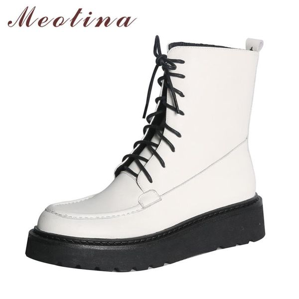 

meotina women short boots shoes real leather platform flats motorcycle boots round toe lace up ankle autumn winter beige, Black