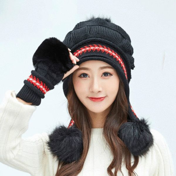 

2pcs women girl winter warm knit pom ball beanie hat cap mitten glove 7 color, Blue;gray