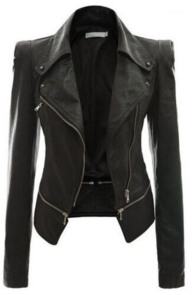 

designer jacket fashion slim faux leather solid color lapel neck jacket motocycle style womens jackets plus size womens, Black