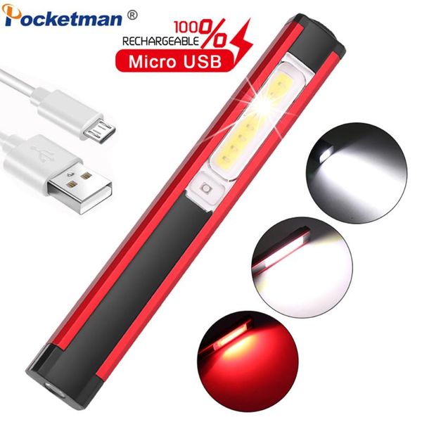 

flashlights torches powerful work light cob led magnetic lamp usb rechargeable torch inspection with red/white