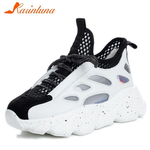 

karin ins chunky sneakers breathable casual genuine leather cow pigskin sneaker women flats shoes, Black