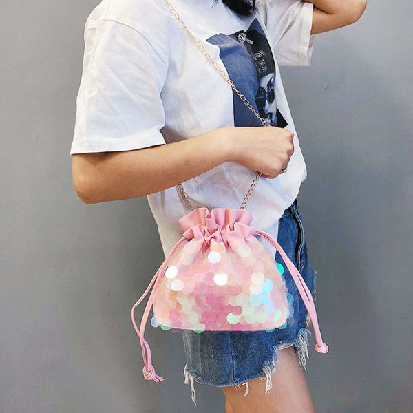 

women sequin bucket bag fashion chain shoulder bag party small crossbody women outdoor casual storage drawstring bags