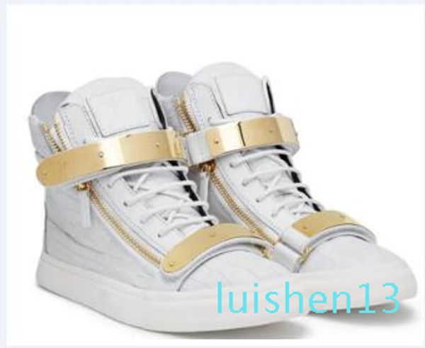 

italy designer shoes genuine leather flat casual shoes golden zipper runner runing men and women high help sneakers trainers l13, Black