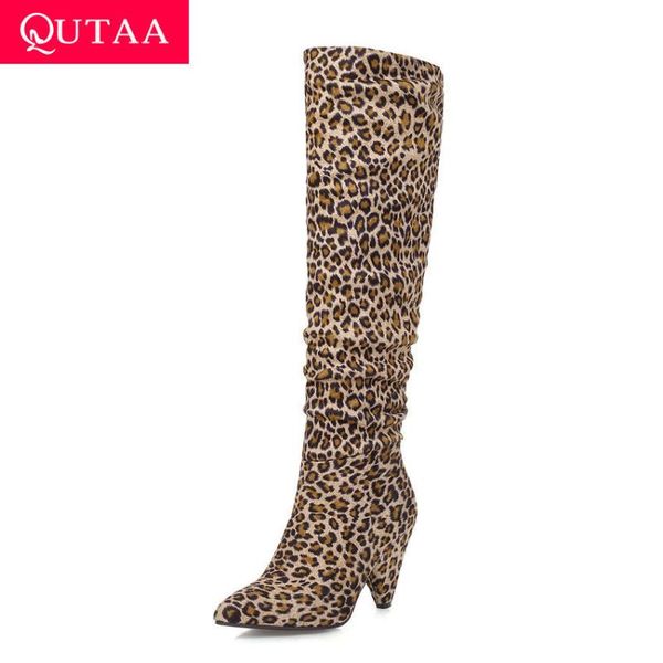 

boots qutaa 2021 leopard flock pointed toe autumn winter fashion knee high square heel slip on women shoes big size 34-43, Black
