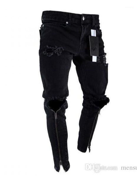 

designer jeans black ripped slim fit represen pencil pants mens zipper holes, Blue