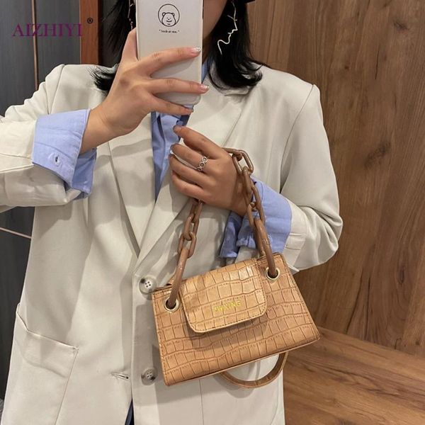 

retro stone pattern women handbag circle ring acrylic chain pu shoulder bag