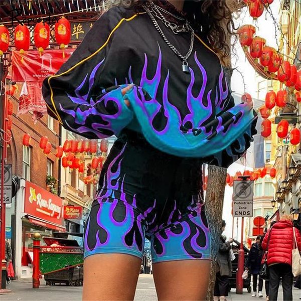

rapcopter 2019 flaming fire print two piece set biker shorts set womens shorts sweatsuit tracksuit women work out club outfits, Gray