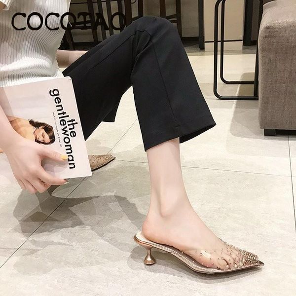 

slippers female summer wear 2020 summer new wild temperament fashion rhinestone sandals fine heel pointed female shoes, Black