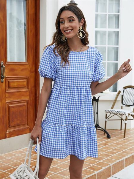 

loose clothes womens plaid puff sleeve dress woman summer blue o-neck button short sleeve dresses women fashion, White;black